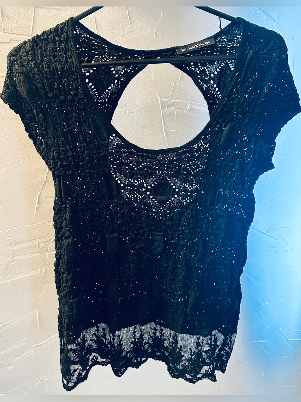 You Are Not Alone Black Short-Sleeve Open Back Lace Bottom Women's Top Small